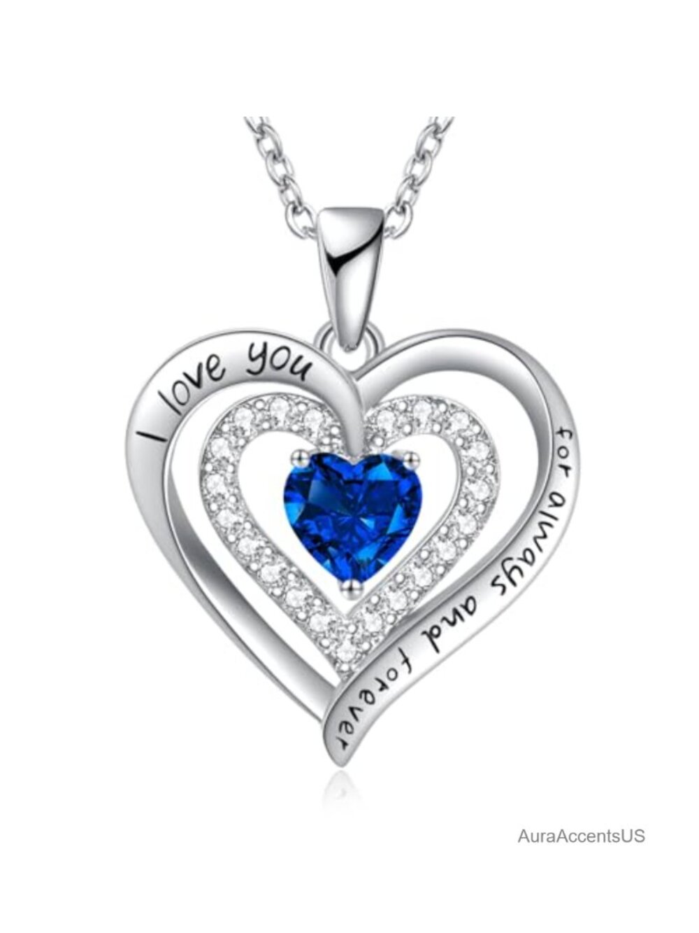 Double Heart Birthstone Pendant Necklace 925 Sterling Silver Cubic Zirconia